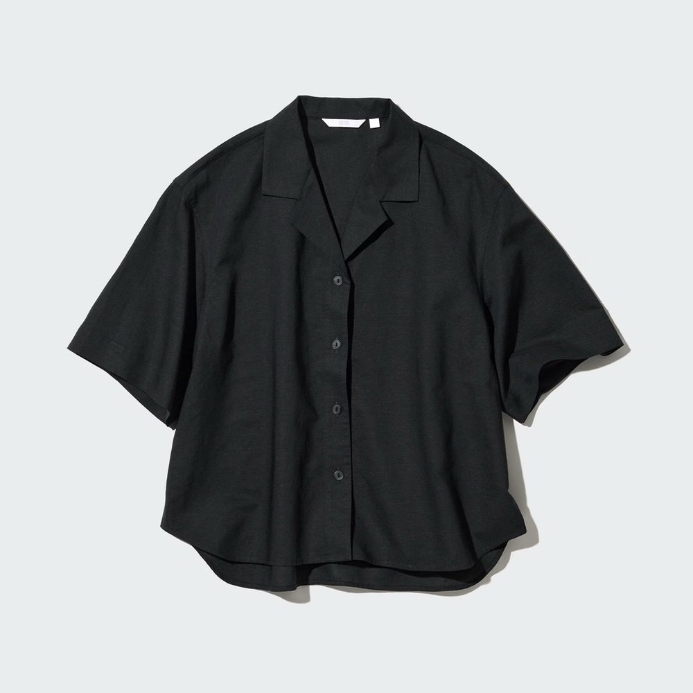 UNIQLO Black Linen-Blend Open-Collar Short-Sleeve Shirt - Size XS